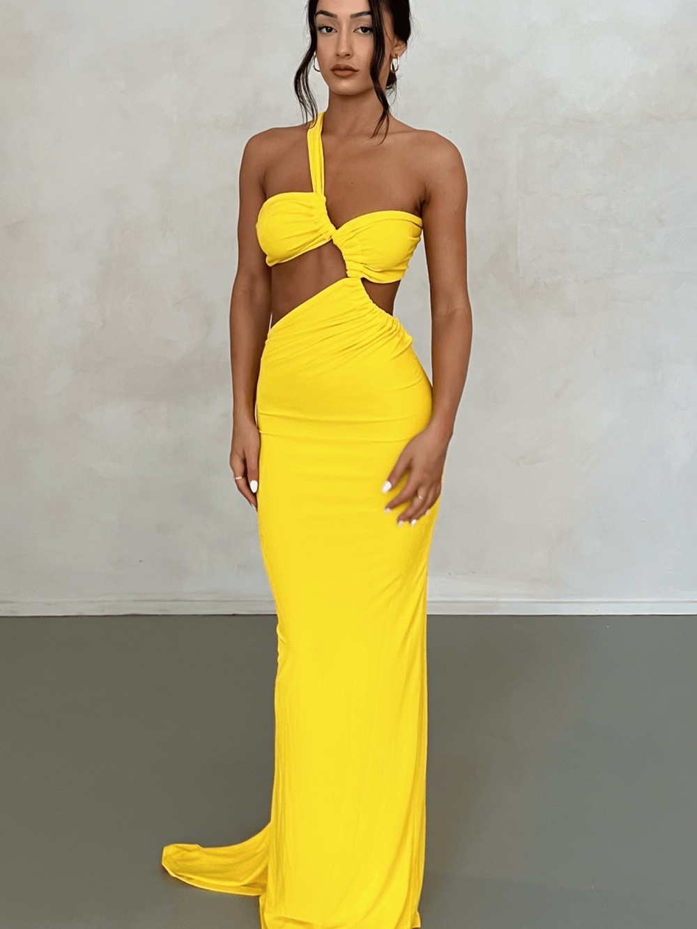 JAUS One-Shoulder Yellow Cutout Maxi Dress